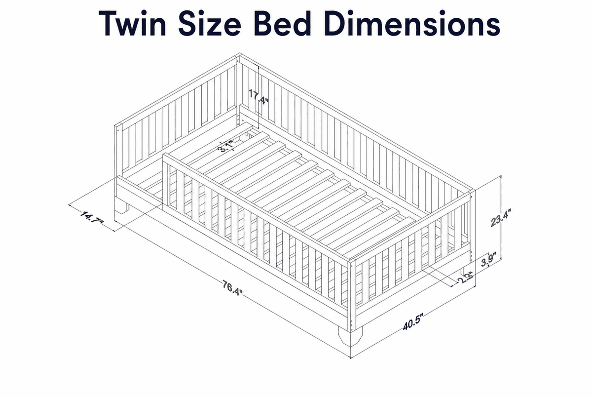 Twin size floor bed toddler dimensions showing crib rail spacing and tall, safe guard rails