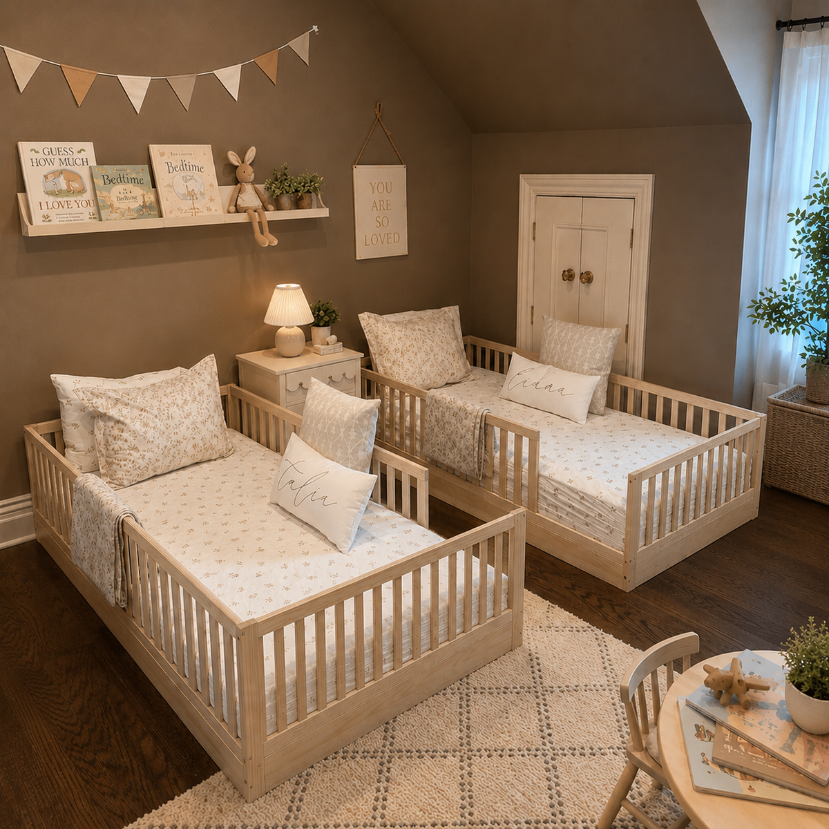 Levi Montessori Floor Bed with Rails from Custom Kids Furniture in twin girls bedroom