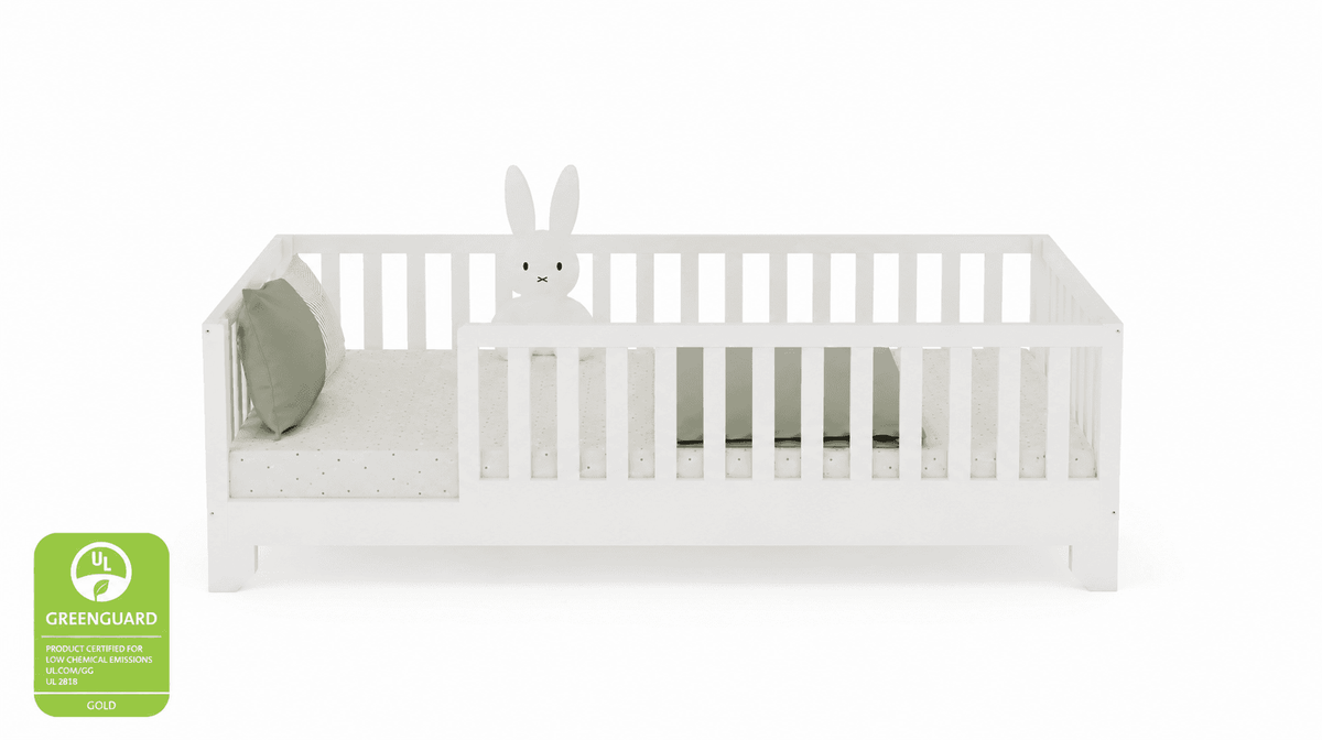 White Twin Montessori Floor Bed with rails and legs — convertible toddler bed frame