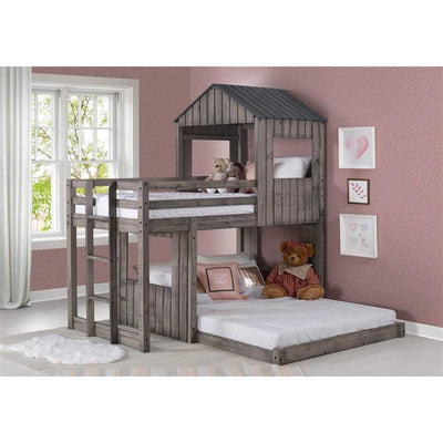Rory Twin over Full Camp Out Bunk Bed in rustic wood finish with house-style top bunk, ideal for kids' bedrooms. Features sturdy frame and cozy design.