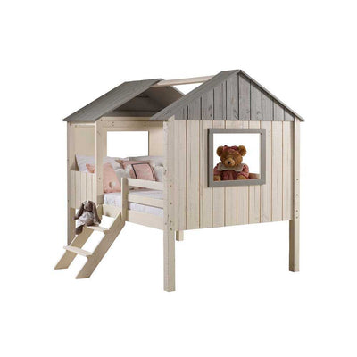 Luna Loft Bed - Functional & Fun House Style | Pine Wood kids loft bed shaped like a house, featuring a teddy bear in the window and a cozy sleeping area.
