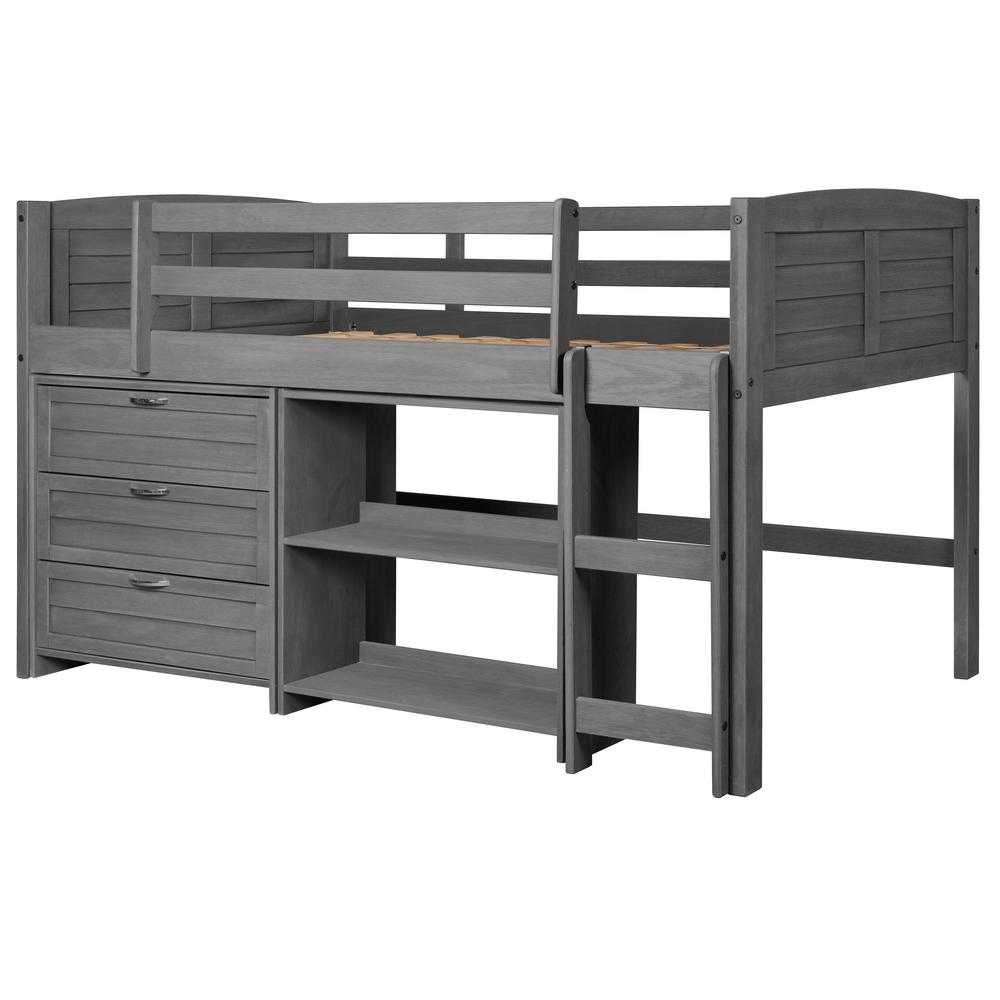 Hailey Grey Modern Loft Bed includes a twin sleeping area, three-drawer dresser, and open shelving in a sleek grey wood design.