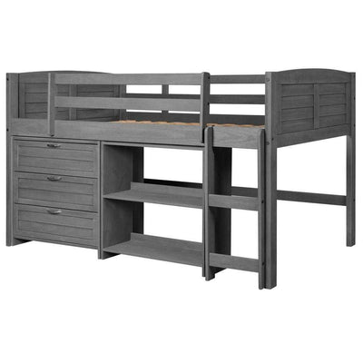 Hailey Grey Modern Loft Bed includes a twin sleeping area, three-drawer dresser, and open shelving in a sleek grey wood design.