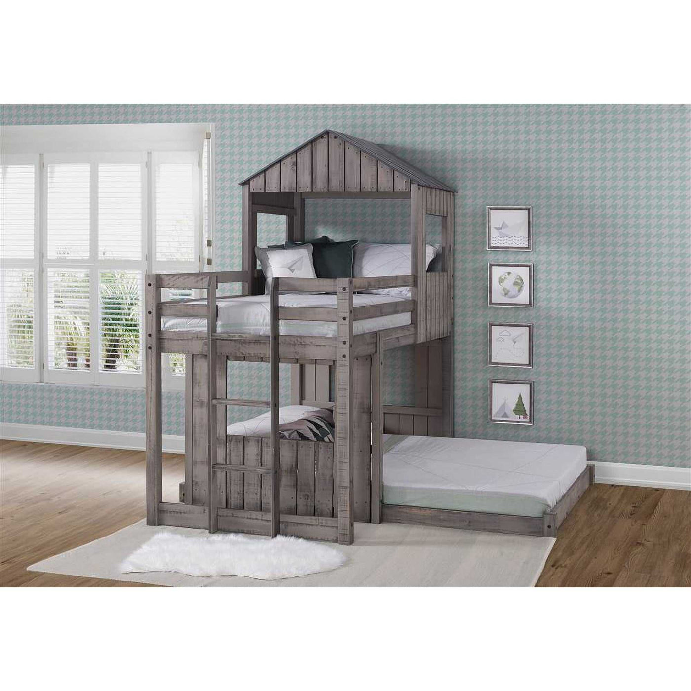 Rustic Rory Twin over Full Camp Out Bunk Bed with house-shaped upper bunk and full-size lower bed, designed for fun and functional children's bedroom setups.