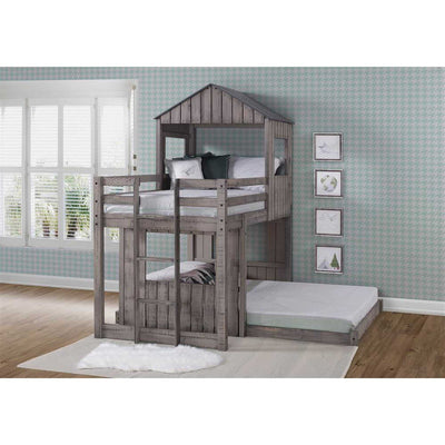 Rustic Rory Twin over Full Camp Out Bunk Bed with house-shaped upper bunk and full-size lower bed, designed for fun and functional children's bedroom setups.
