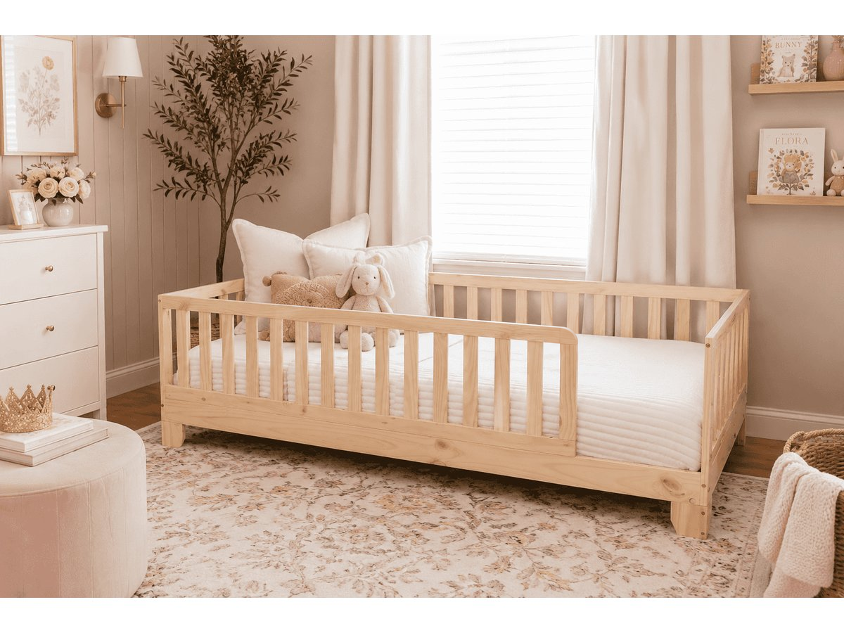 Luca natural twin Montessori bed with open entry beside a bedroom window #color_natural