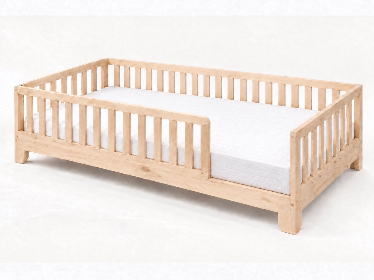 Luca natural full-size Montessori floor bed with guard rails and open entry