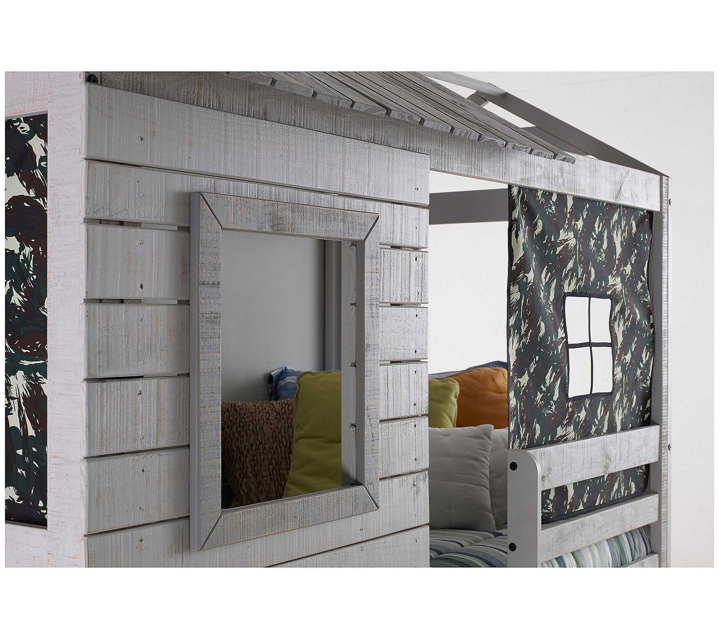 Close-up of Jackson Fort Bunk Bed with Camo Tent showcasing the textured wood frame, square window cutout, and camo tent fabric for imaginative play.