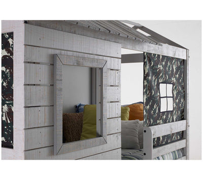 Close-up of Jackson Fort Bunk Bed with Camo Tent showcasing the textured wood frame, square window cutout, and camo tent fabric for imaginative play.