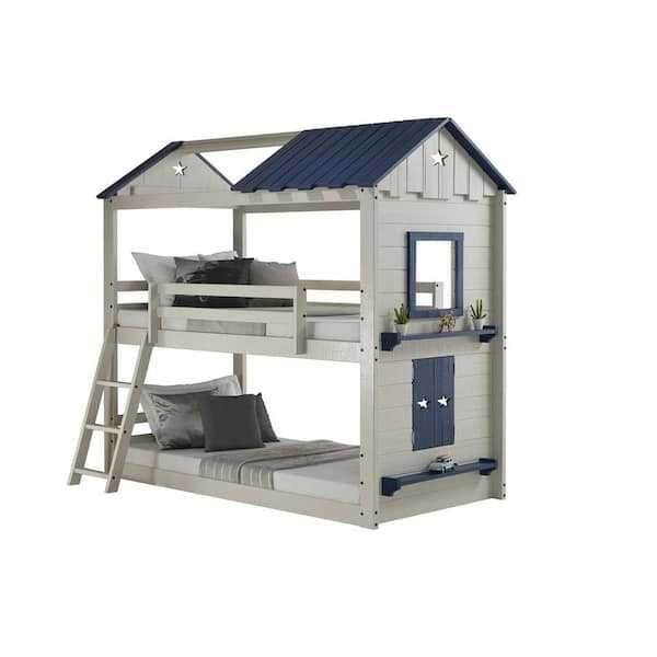 Branson House Bunk Bed featuring two stacked beds, decorative window, and navy roof. Ideal for kids' bedrooms with playful house design.