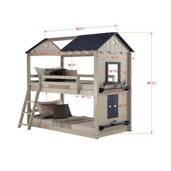 Branson Bunk Bed with detailed dimensions, showing height, width, and depth. Features house-style frame, star accents, and built-in ladder.
