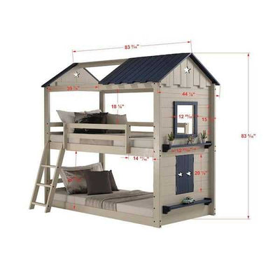 Branson Bunk Bed with detailed dimensions, showing height, width, and depth. Features house-style frame, star accents, and built-in ladder.