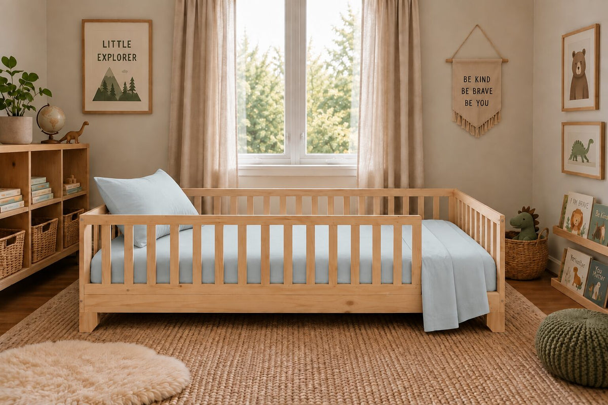 A light natural wood Montessori toddler floor bed with blue green organic toddler sheets and matching pillows, styled in a cozy, sunlit children's bedroom with a window, bookshelves, and framed wall art.