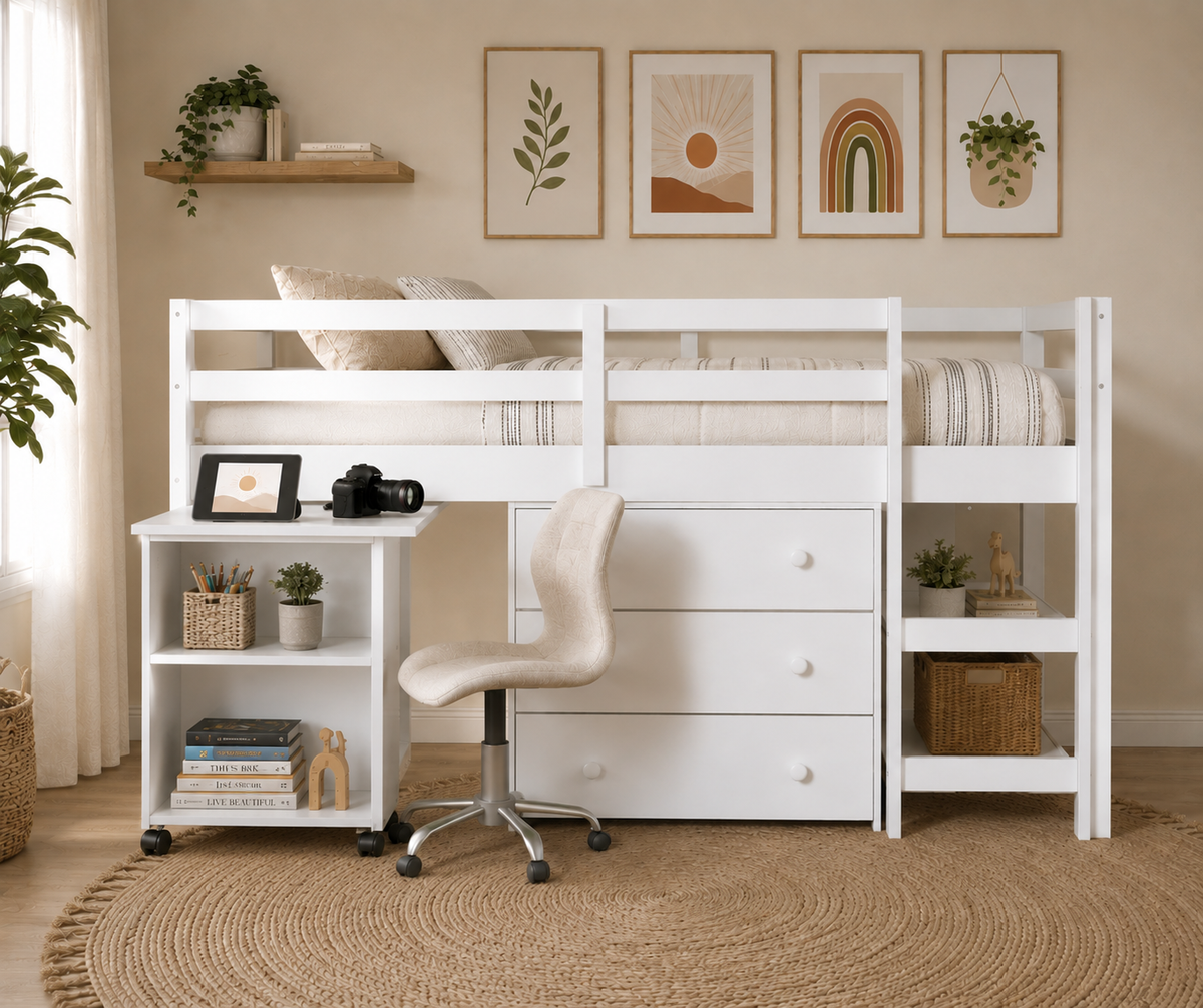 White low loft bed for kids with desk and chair in a room with decorative wall art and plants.