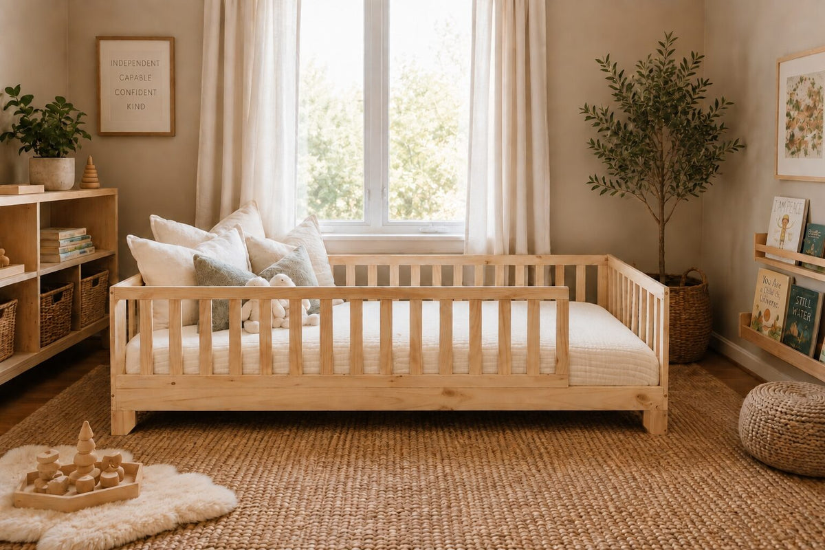 Cream cotton muslin comforter tucked on a natural wood Luca Montessori floor bed in a neutral toddler room