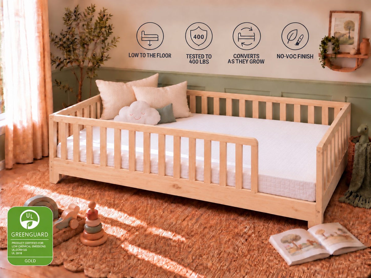 Luca natural full-size floor bed feature graphic with guard rails and GREENGUARD Gold badge