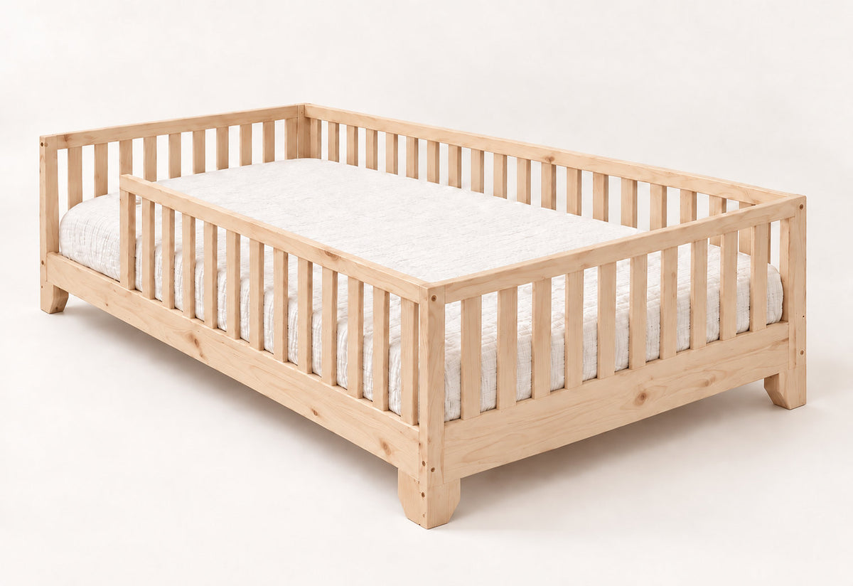 Luca full size natural color toddler floor bed with guard rails and open entry