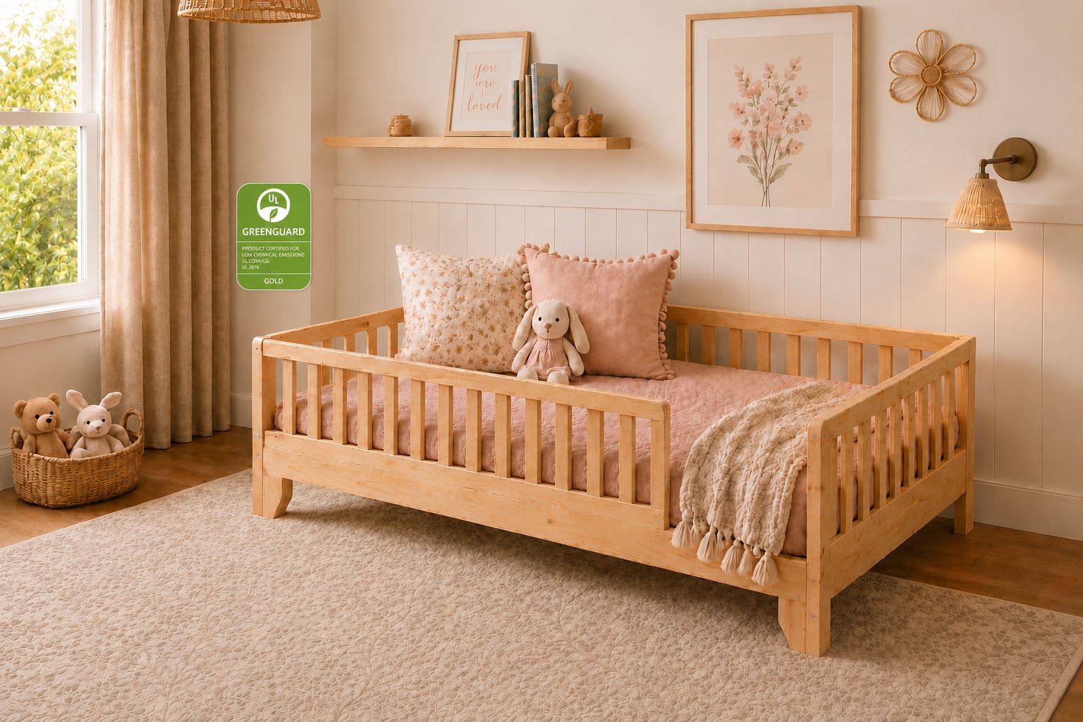 Unfinished wood Luca Montessori floor bed with safety rails in a warm toddler bedroom, featuring pink bedding and GREENGUARD Gold certification.