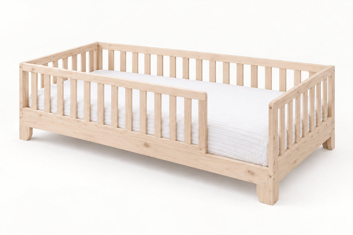 Luca natural finish twin size toddler floor bed with rails and open entry.