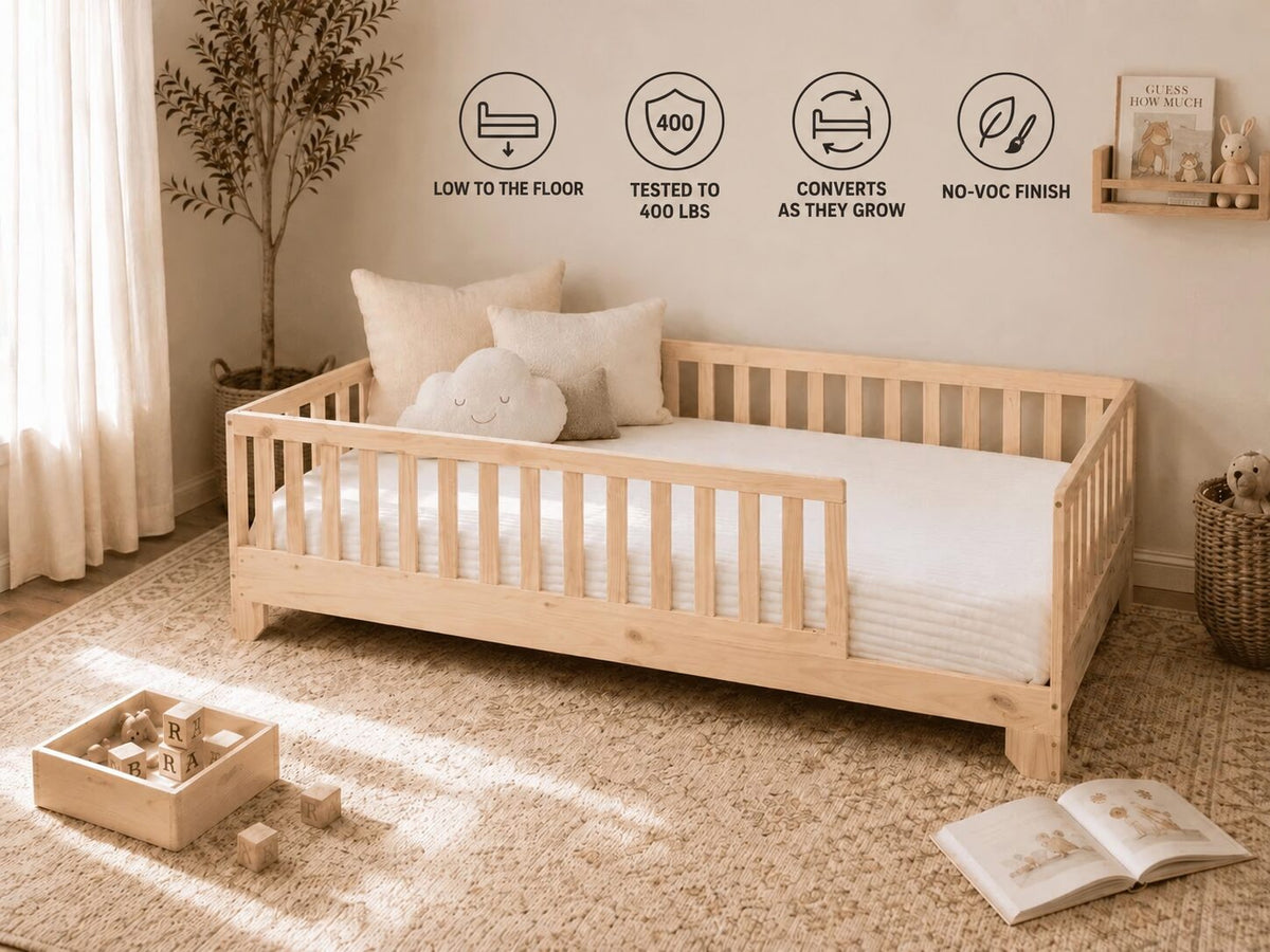 Montessori Floor Bed with Rails for Toddler Boys and Girls Bedrooms in solid natural wood