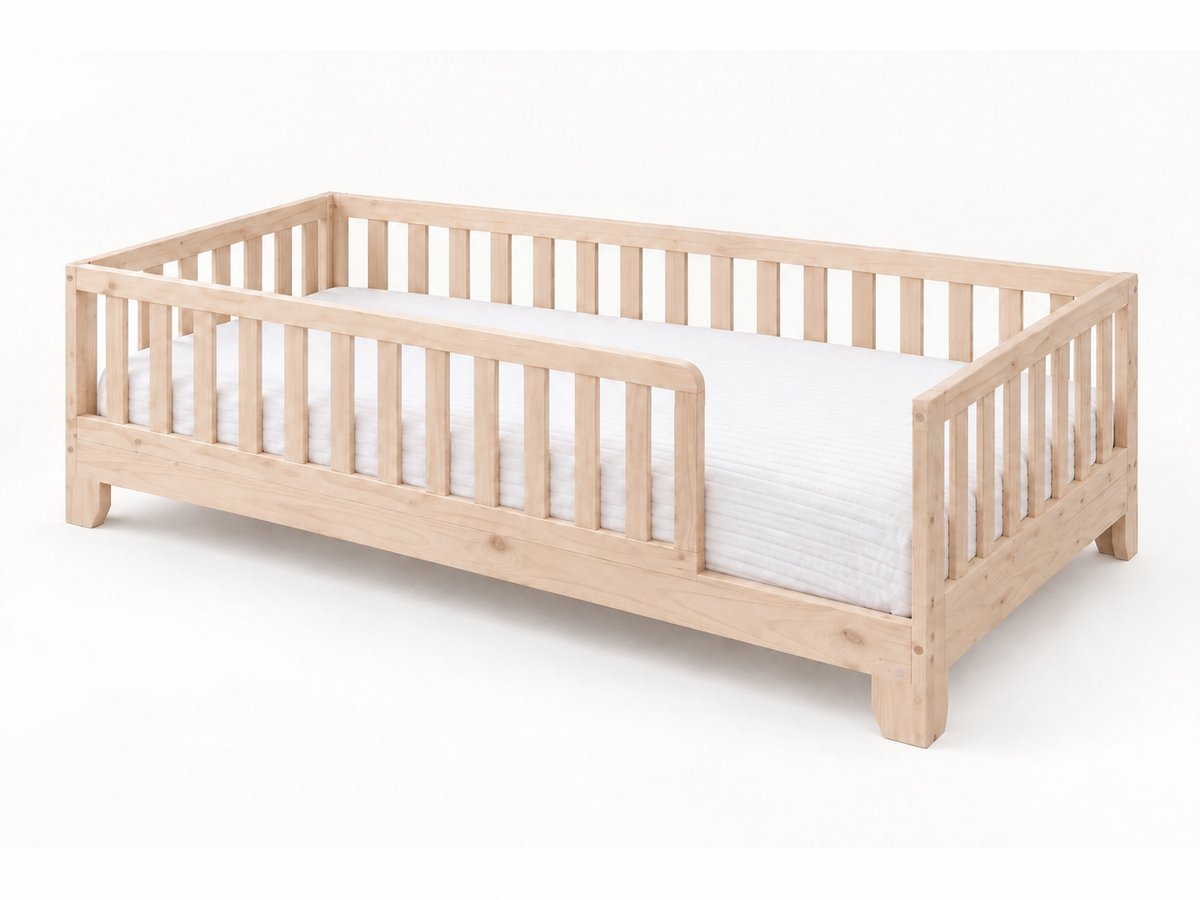 Luca natural twin Montessori floor bed with guard rails and open entry #color_natural