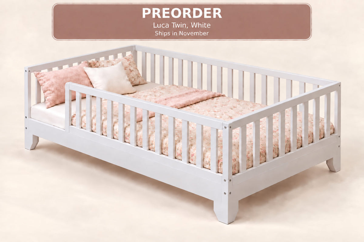 Luca white twin size Montessori toddler floor bed with rails