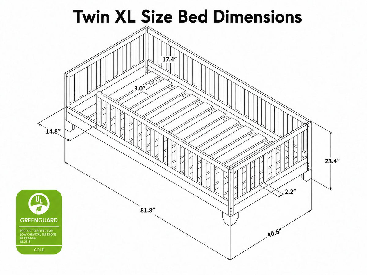 Dimensional diagram for the Luca Twin XL size Montessori Floor Bed
