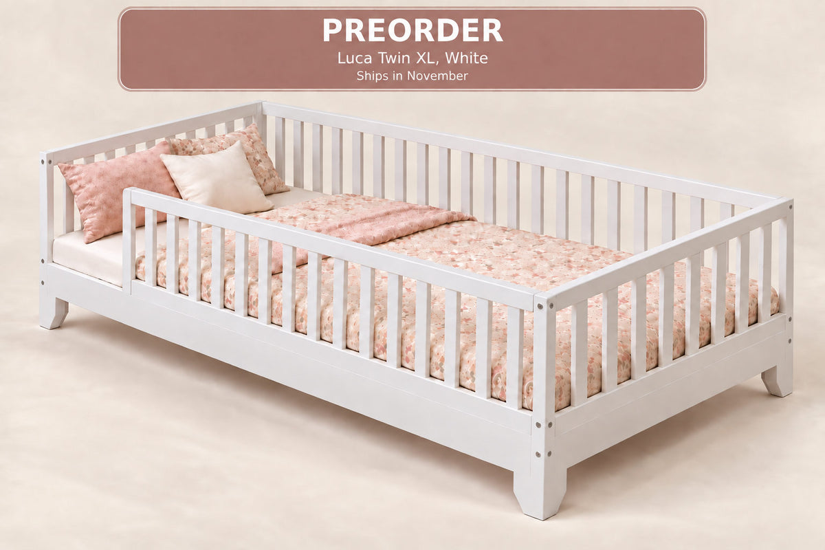 Luca white twin XL size Montessori toddler floor bed with rails