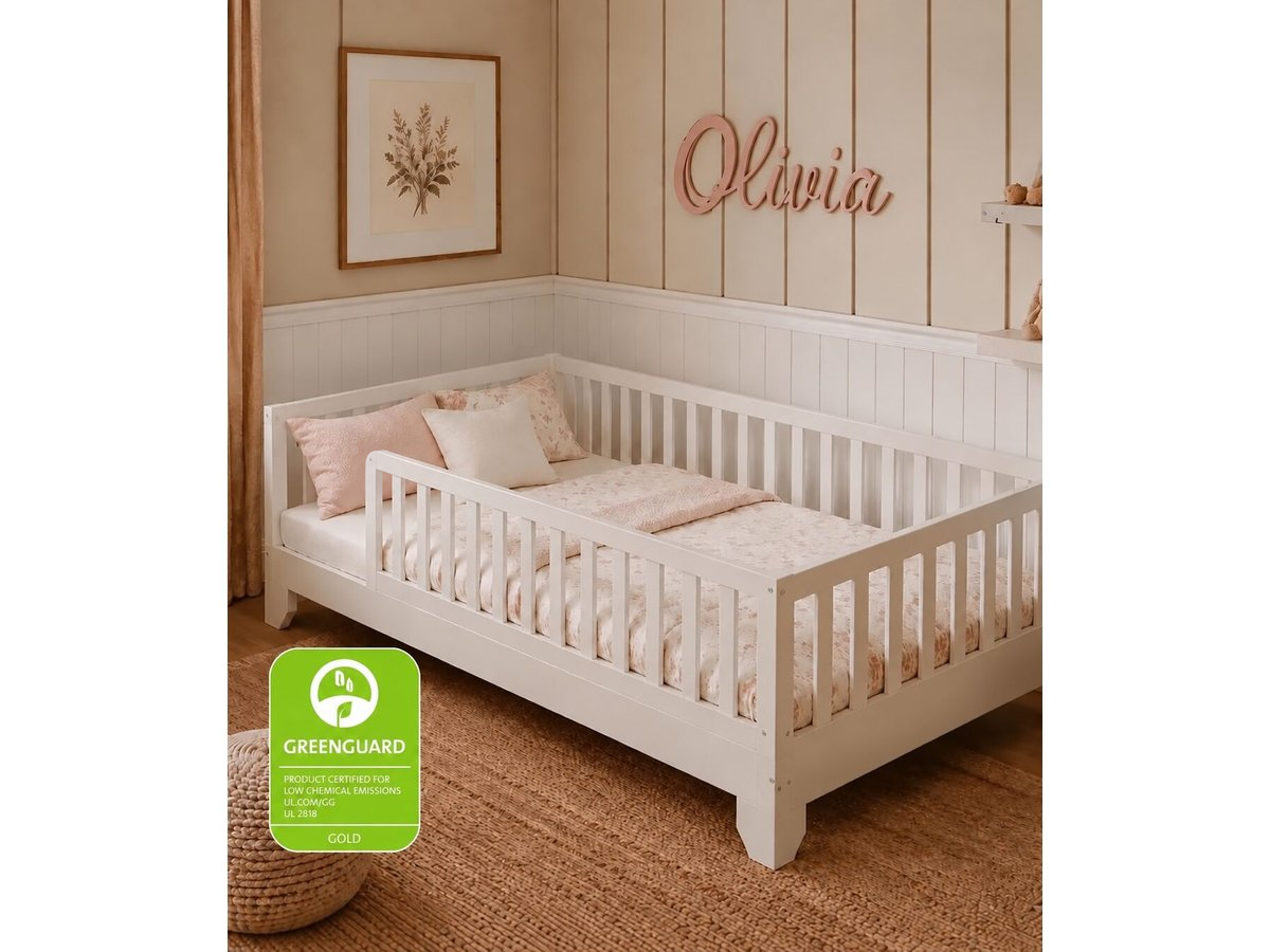 Luca white twin Montessori bed with rails, pink bedding and GREENGUARD Gold badge #color_white