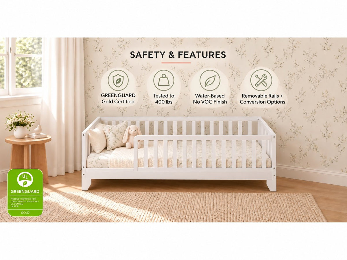 Luca white floor bed safety and features graphic with GREENGUARD Gold certification badge #color_white