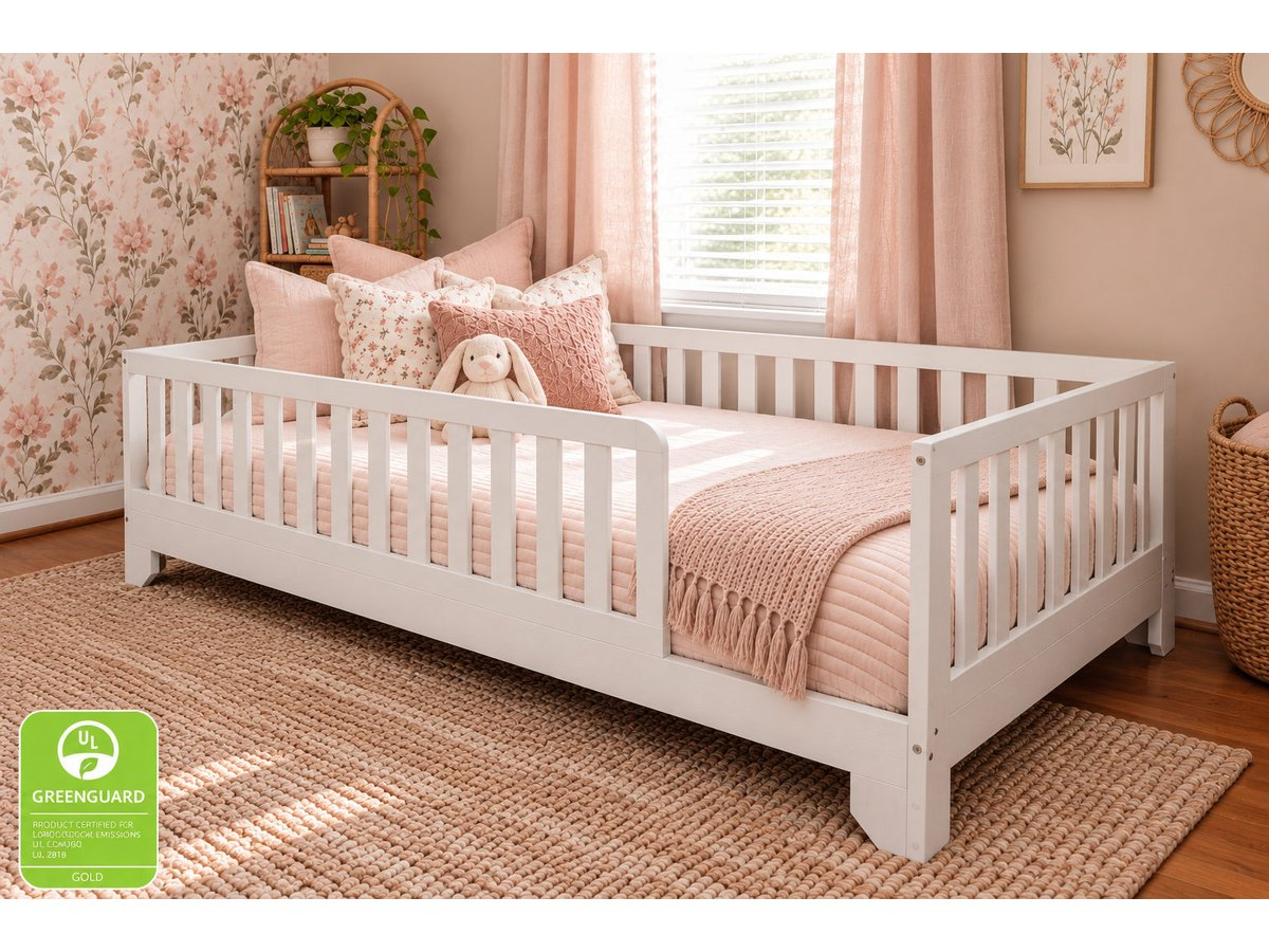 Luca white Twin XL Montessori bed with rails in a pink floral bedroom #color_white