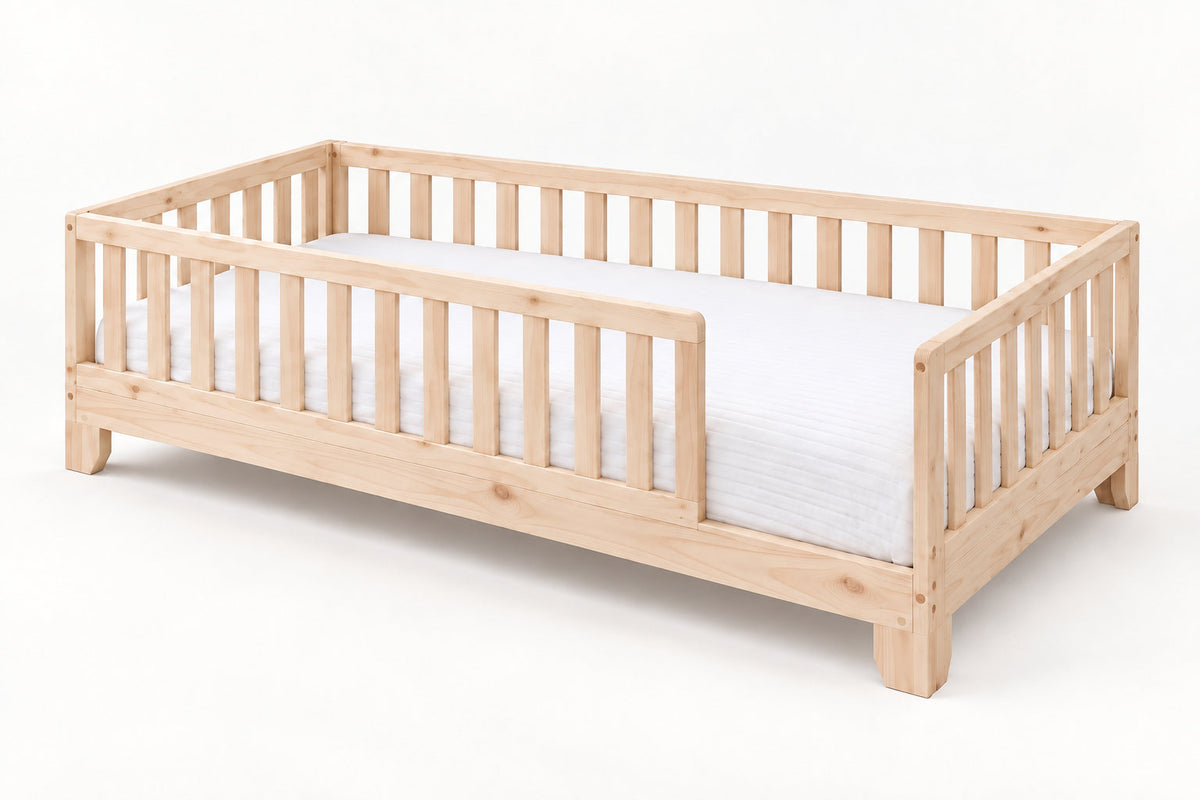 Luca twin XL Natural Color Montessori Toddler Floor Bed with Rails and open entry