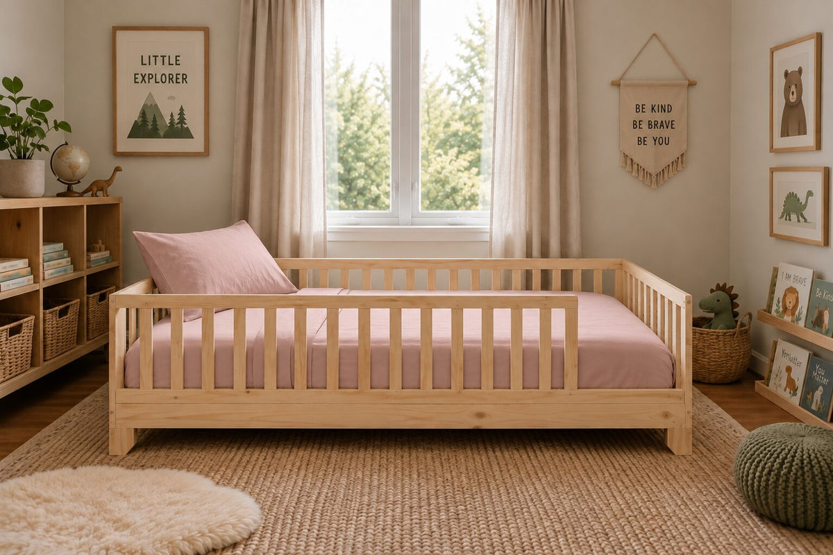 A light natural wood Montessori toddler floor bed with dusty pink organic toddler sheets and matching pillows, styled in a cozy, sunlit children's bedroom with a window, bookshelves, and framed wall art.
