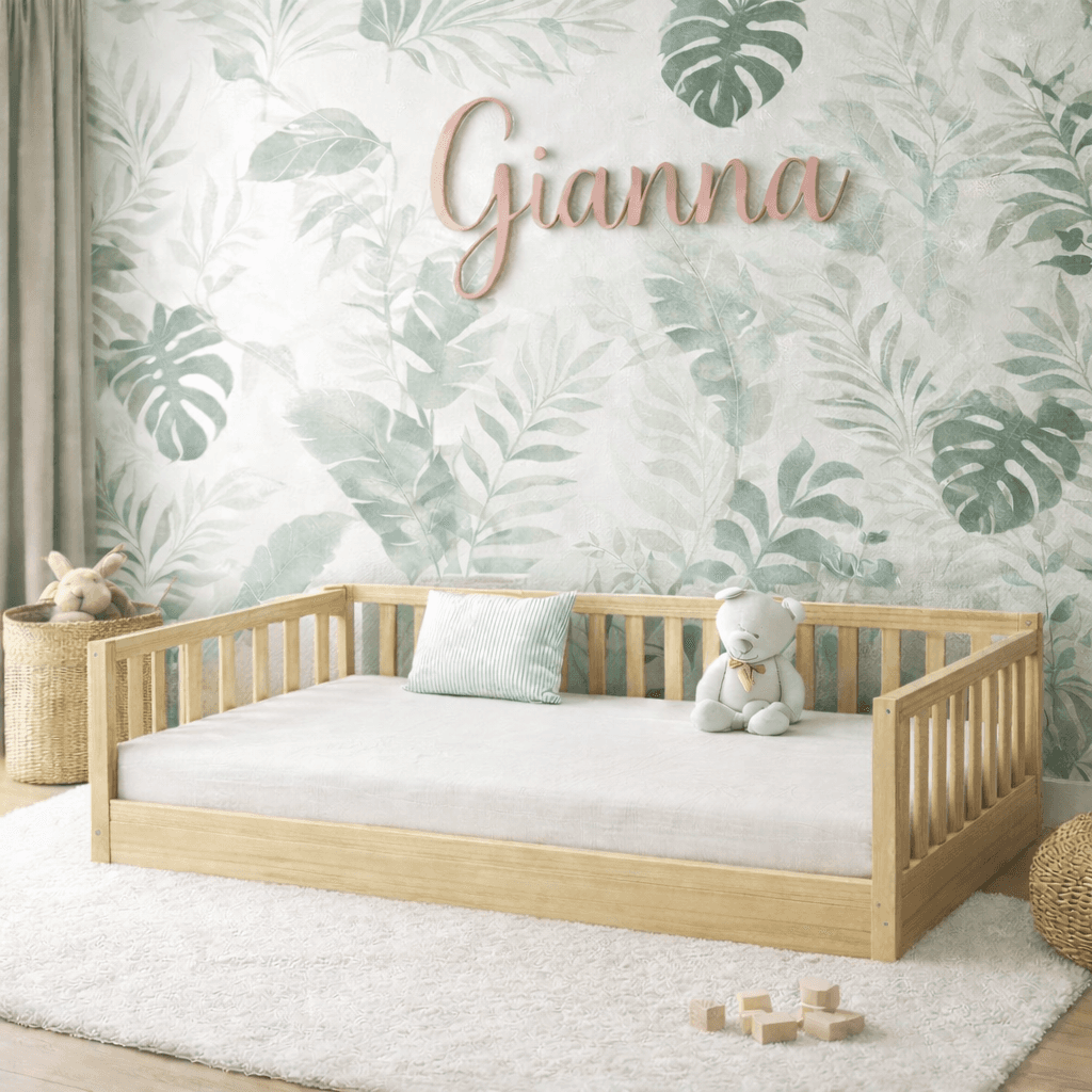 Gianna Montessori floor bed with gate in natural wood finish for toddlers