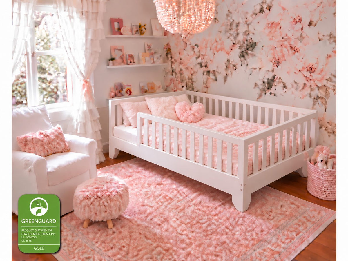 Full size white luca toddler floor bed with rails