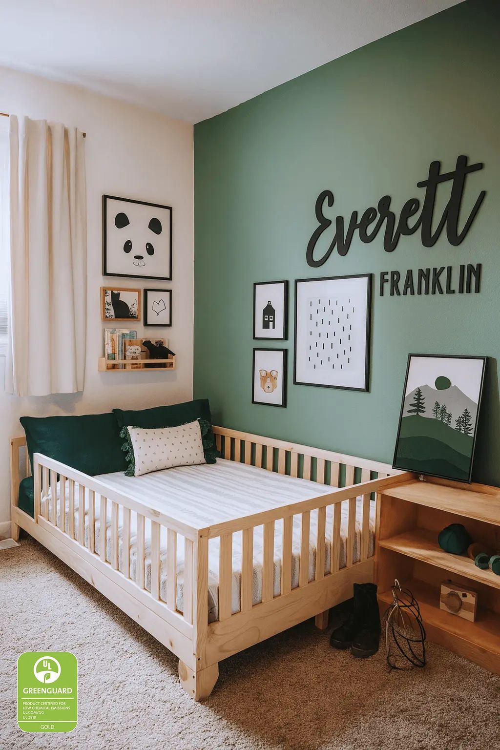 Full Montessori bed for toddlers with removable rails.  GreenGuard Gold and safety certified. 