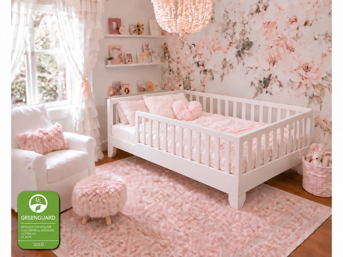 Full size white luca toddler floor bed with rails