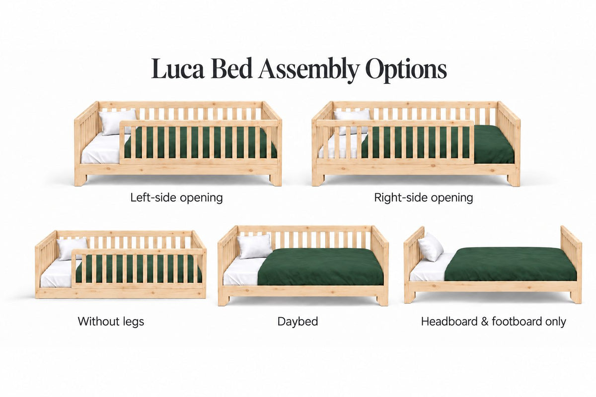 Luca bed configurations showing floor bed, raised bed with rails, daybed and bed without rails