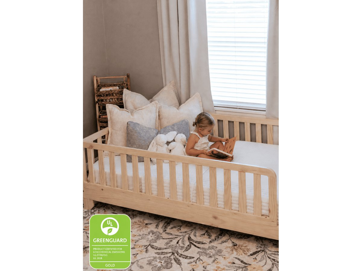 Luca natural Twin XL toddler floor bed with rails and GREENGUARD Gold badge