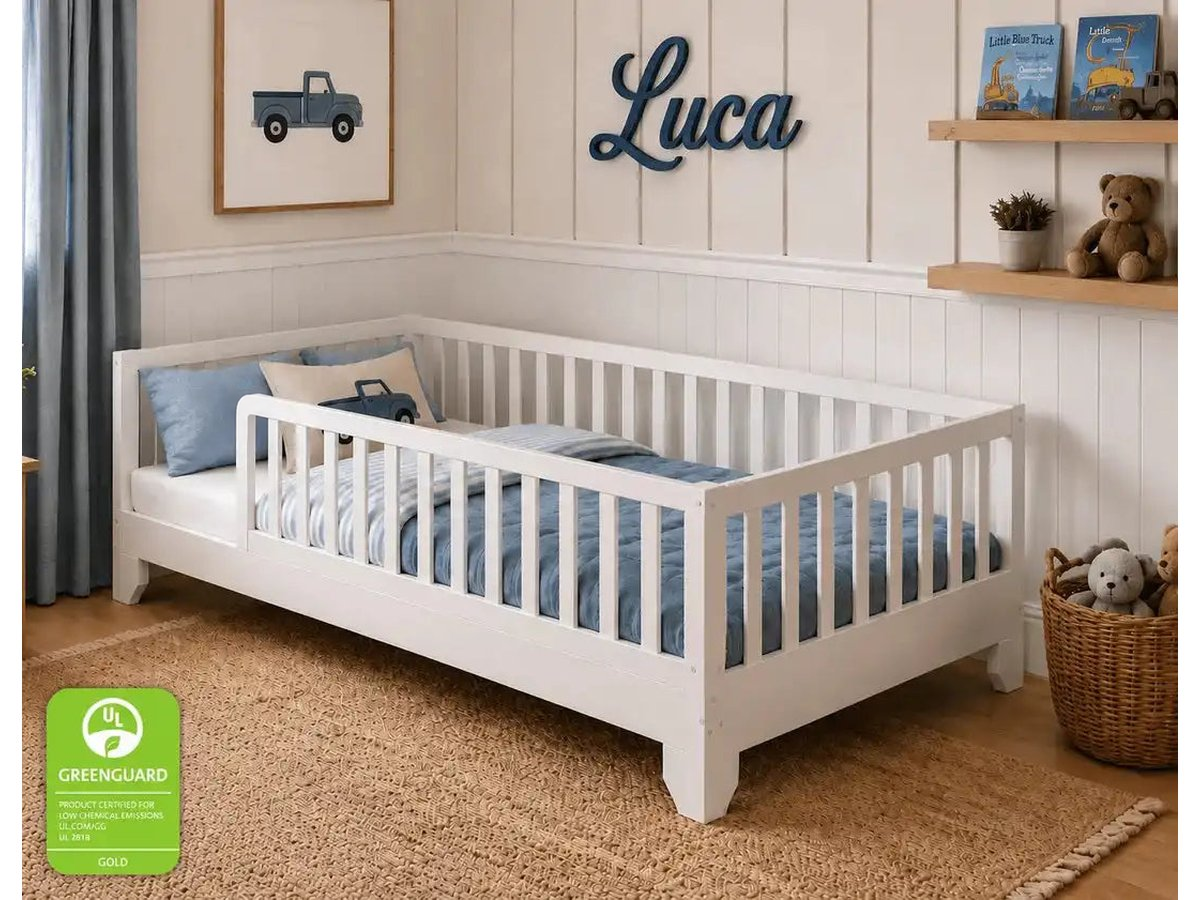 Luca white twin Montessori bed with blue bedding in a woodland toddler bedroom #color_white