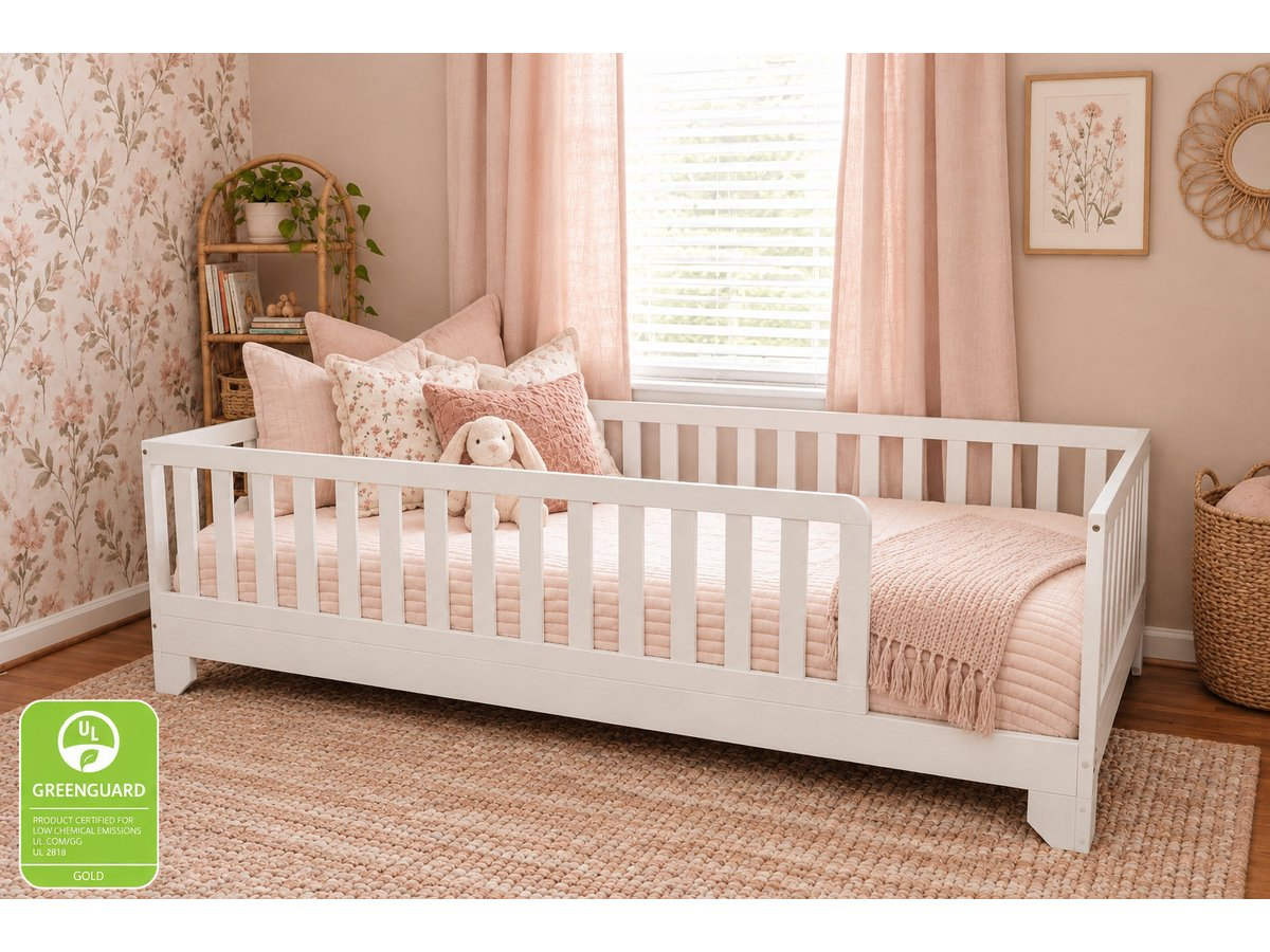 Luca white Twin XL toddler floor bed with guard rails, short legs and pink bedding #color_white