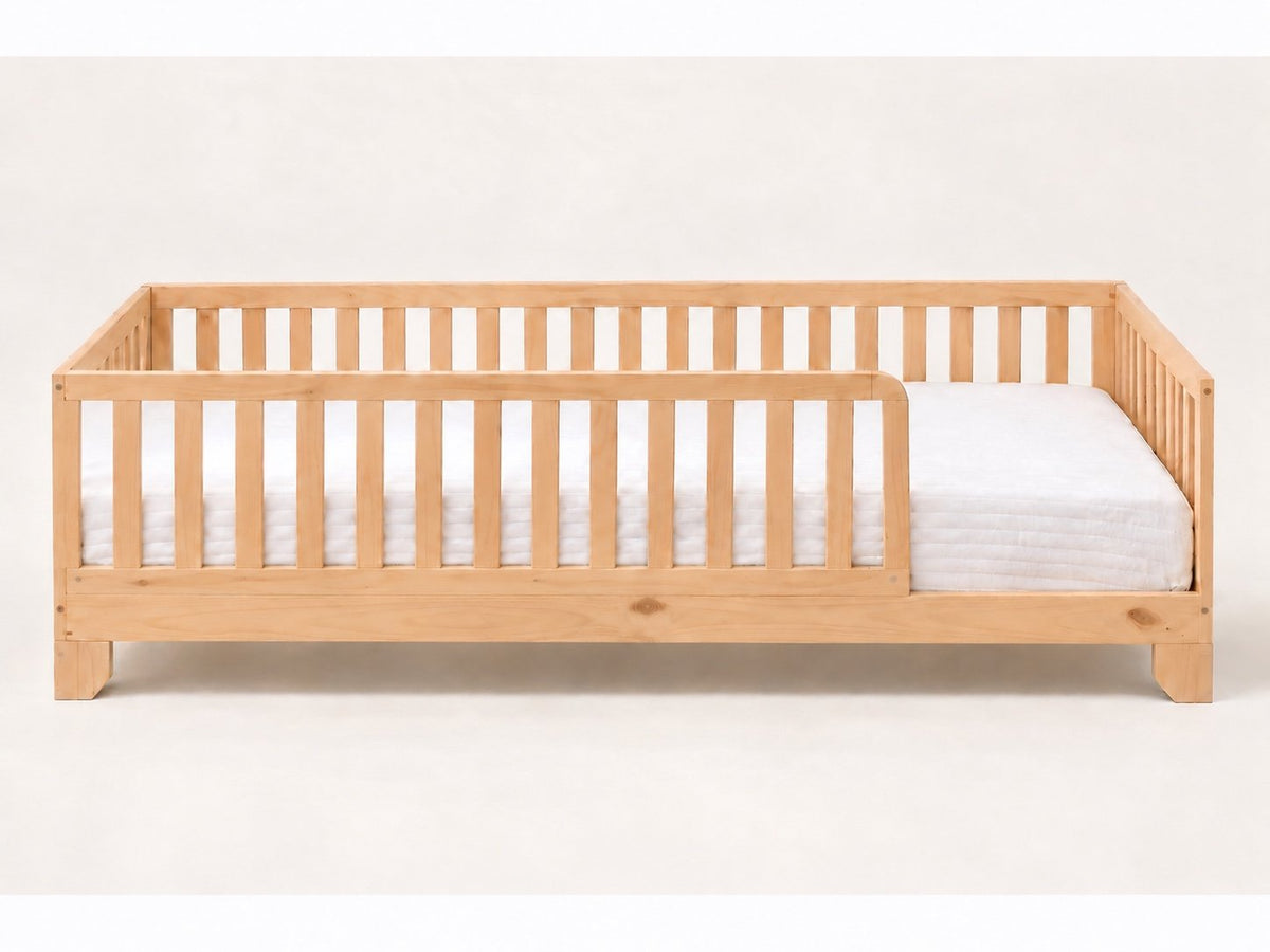Luca unfinished twin Montessori floor bed with guard rails and open entry