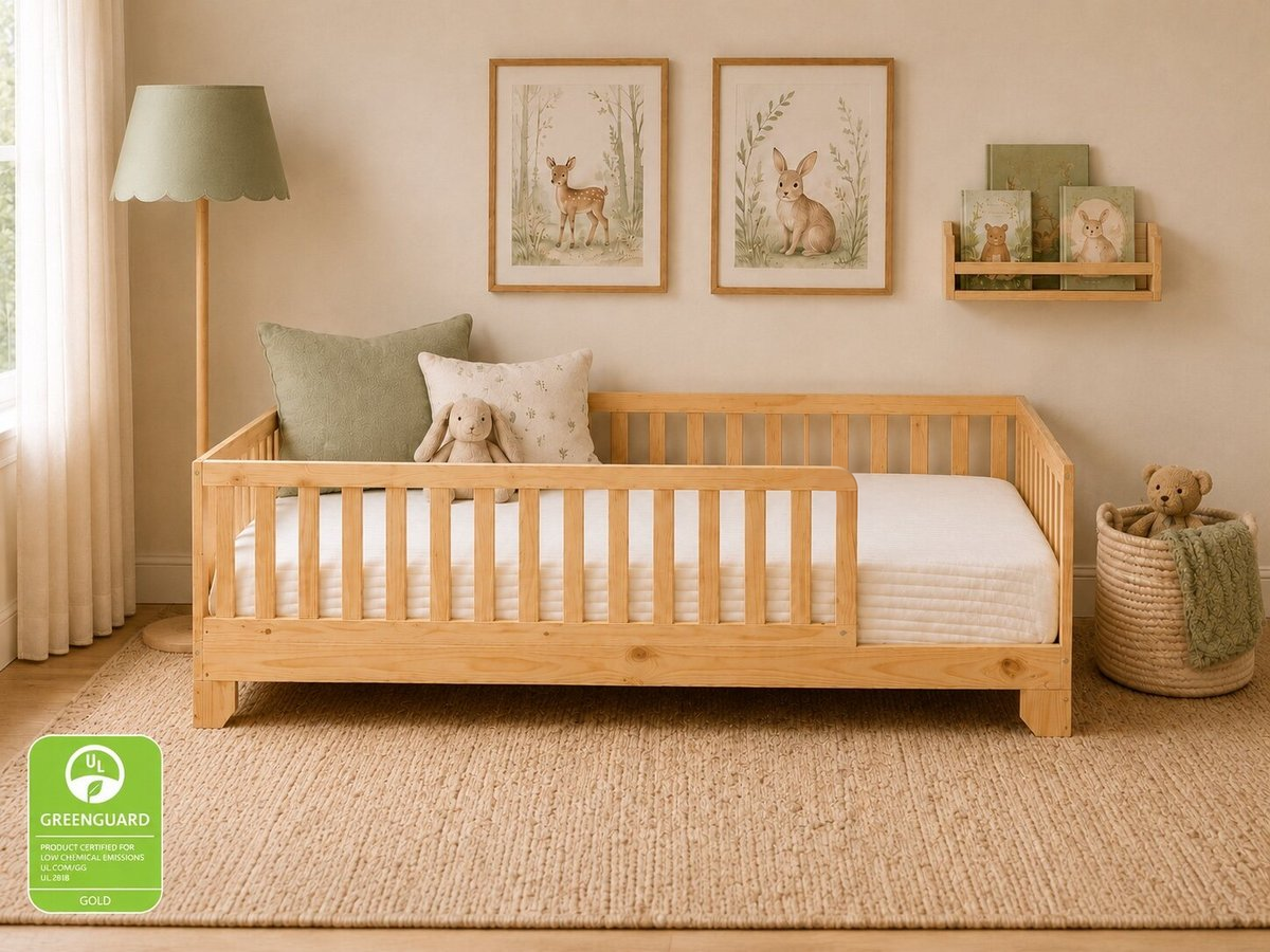 Luca unfinished twin pine floor bed with rails in a neutral toddler bedroom