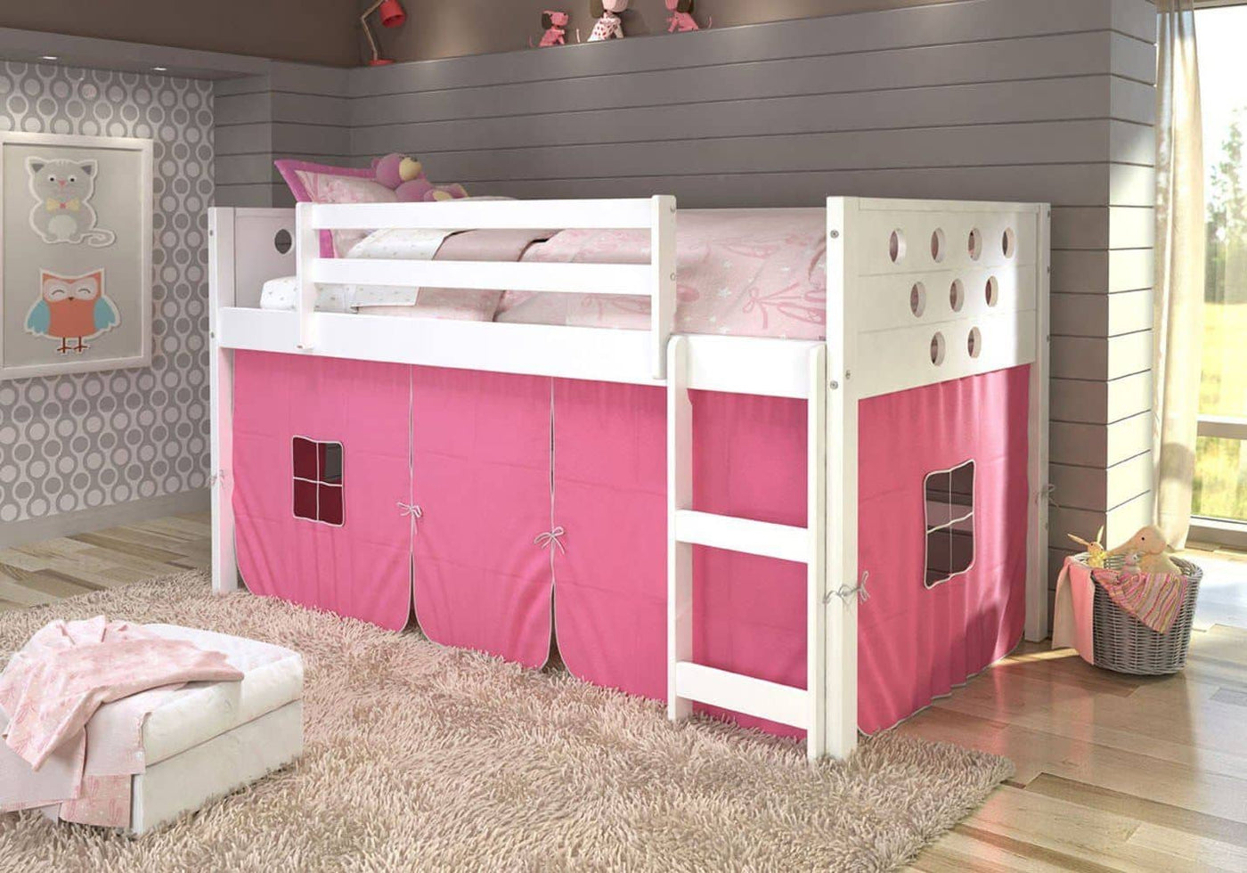 Aria White Loft Bed with Pink Tent Custom Kids Furniture