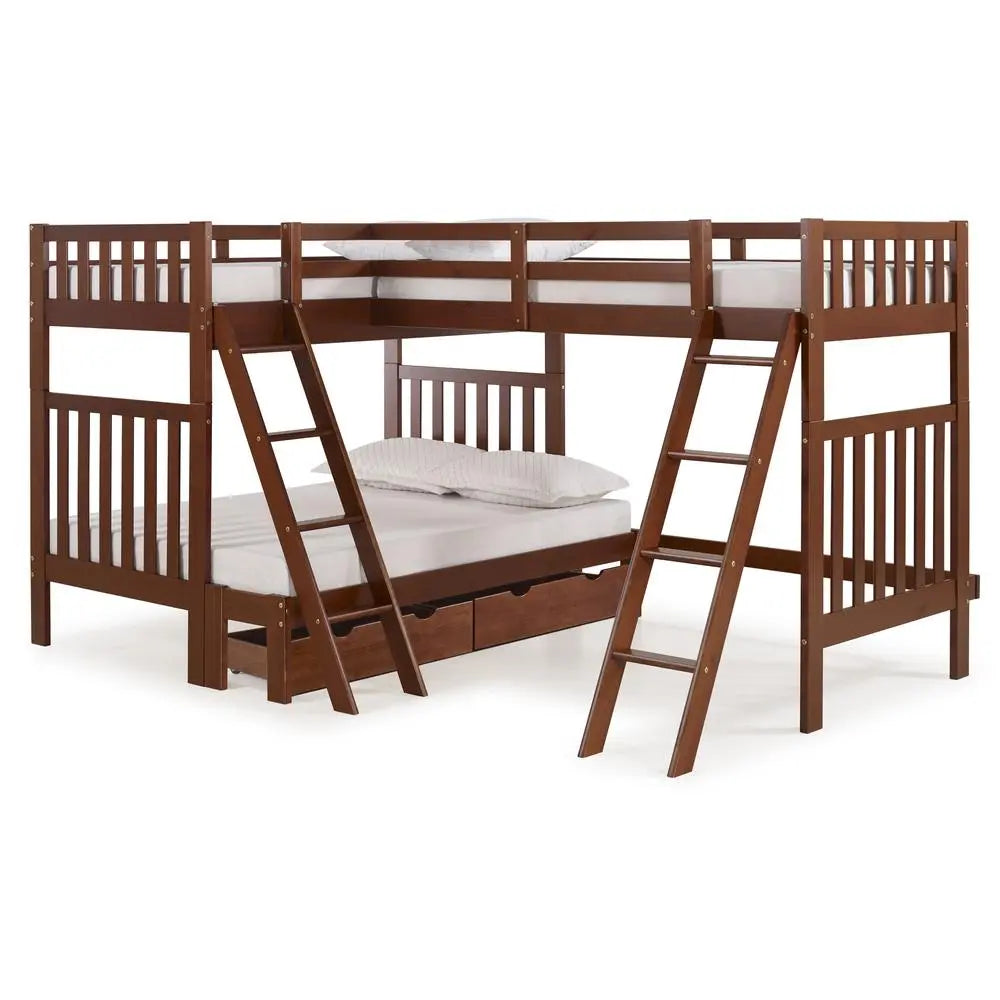 Aurora Twin Over Full Wood Bunk Bed with Tri-Bunk Extension, Chestnut Custom Kids Furniture