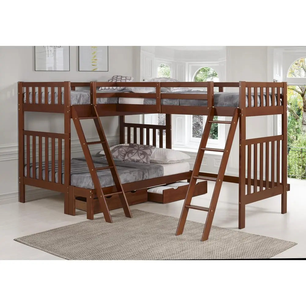Aurora Twin Over Full Wood Bunk Bed with Tri-Bunk Extension, Chestnut Custom Kids Furniture