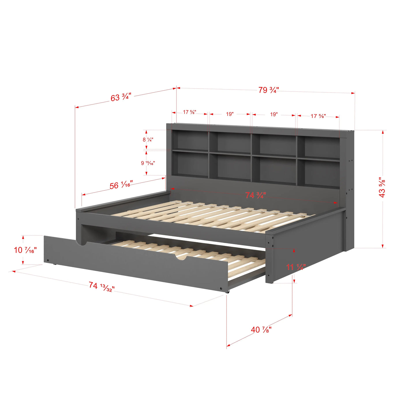 Bo Full Size Trundle Bed with Bookcase Headboard Custom Kids Furniture