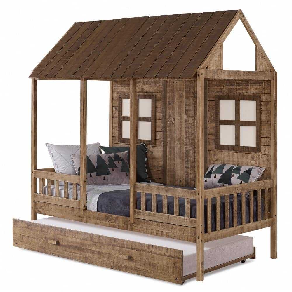 Rustic Brianna Cottage Loft Bed for kids in twin size with trundle drawer and house-style frame, perfect for cozy children's rooms.