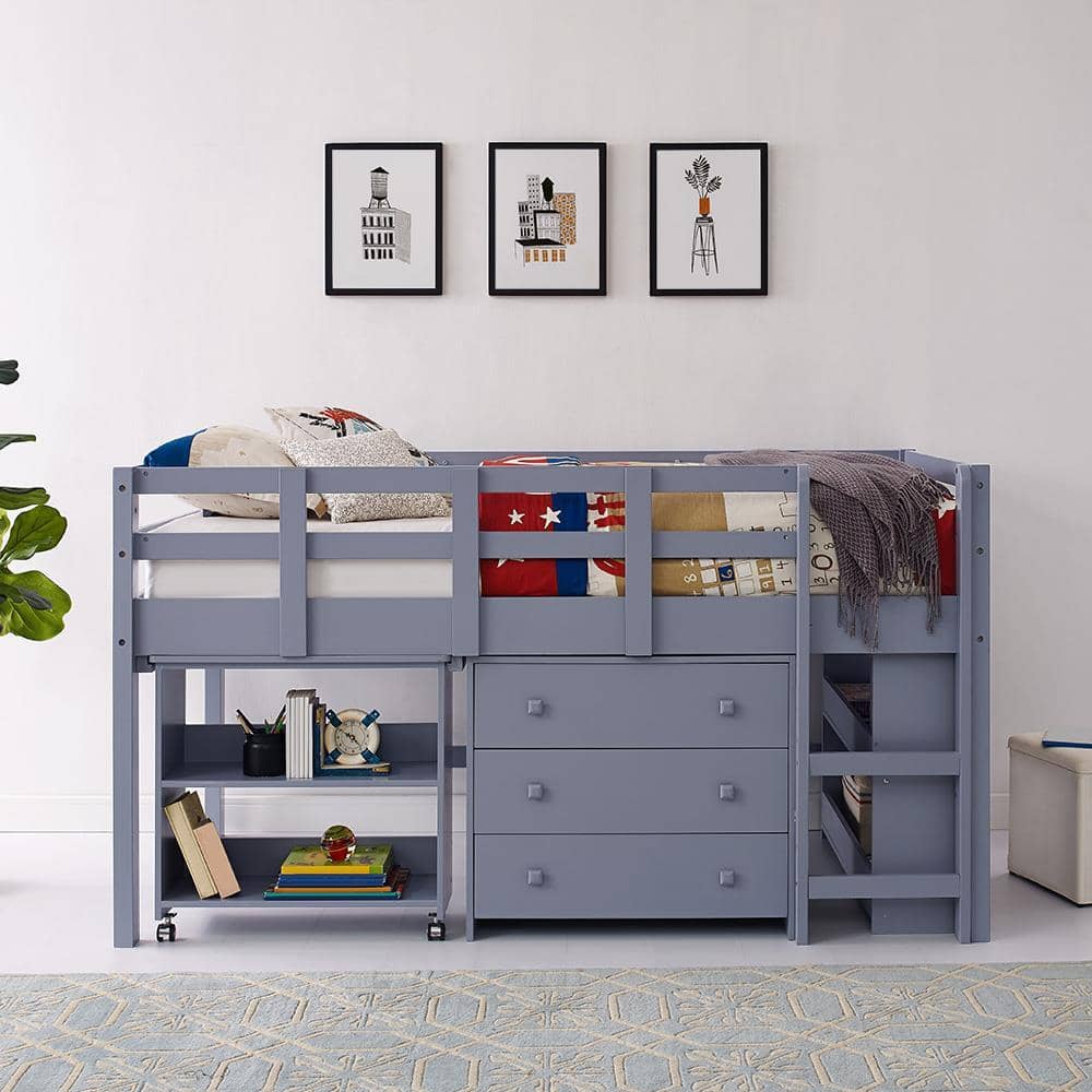 Caden Grey Twin Loft Bed with Desk, Dresser \u0026 Bookcase / Custom Kids Furniture, image size:1000x1000