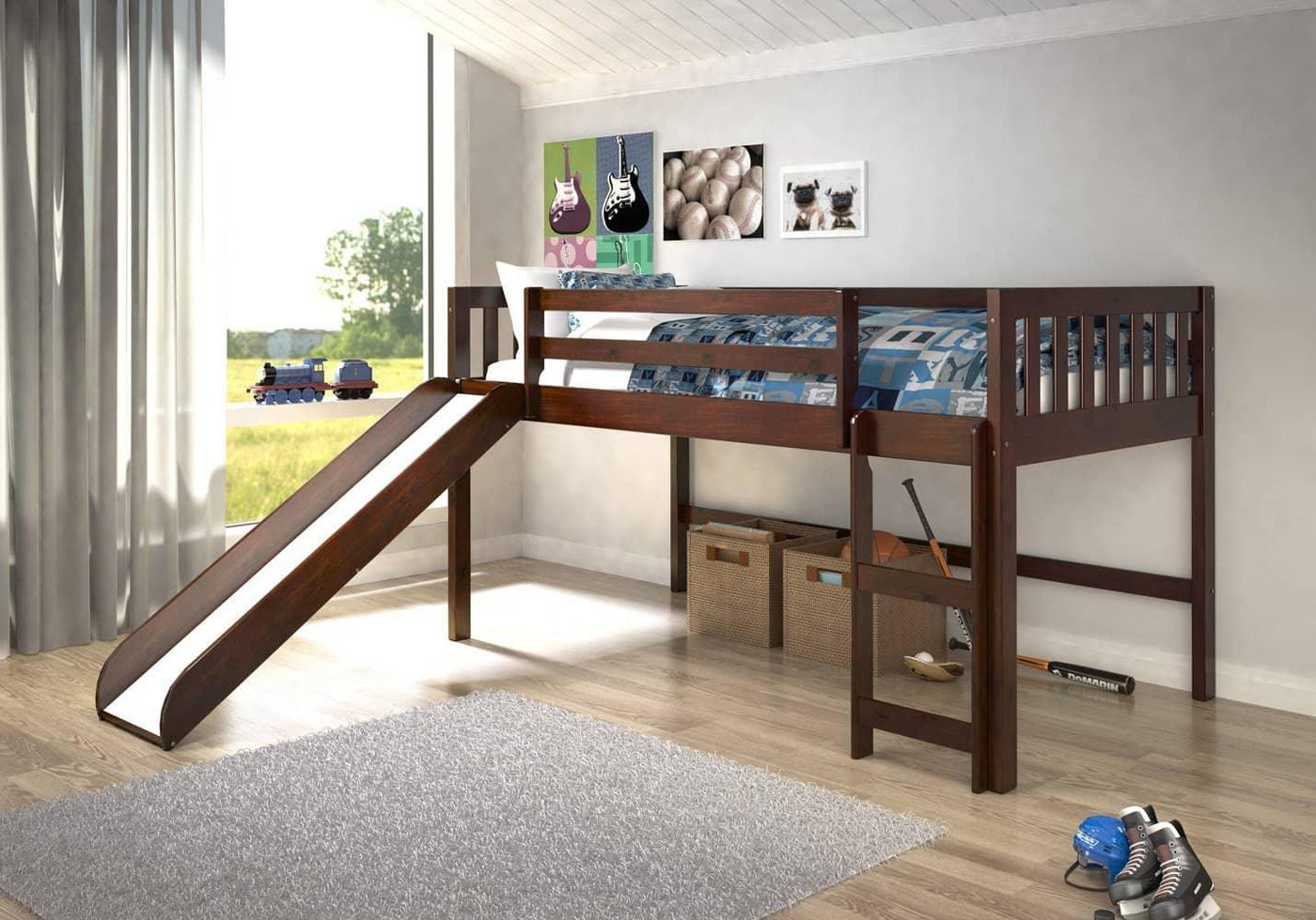 Caleb Dark Wood Loft Bed with Slide Custom Kids Furniture